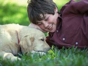 boy and dog relaxing on a beautiful lawn