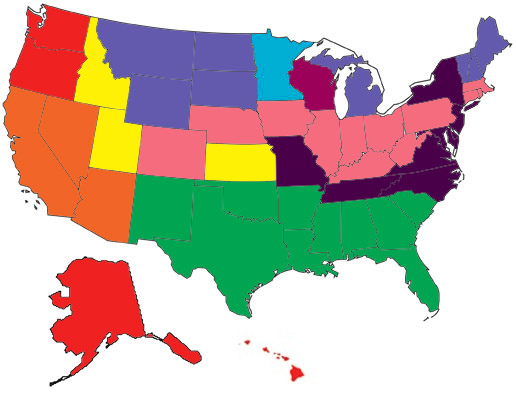 Map of the United States color-coded by shipping region